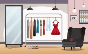Cloakroom storage room interior with foot wear under clothing rack standing mirror armchair lighting realistic vector illustration
